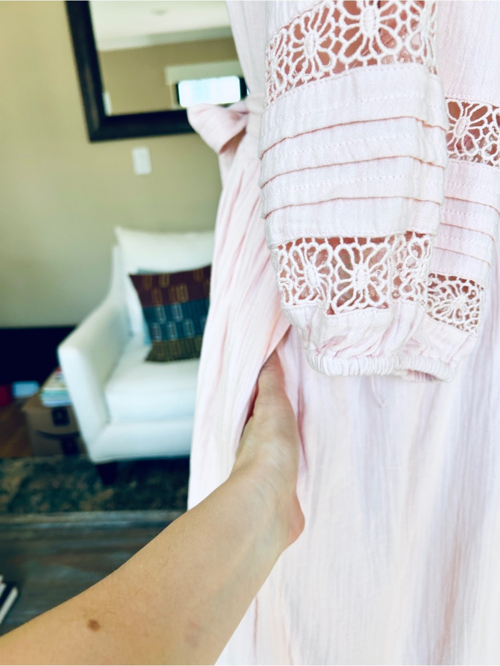 Caslon Pink Cotton Gauze Maxi Dress Puff Sleeve Crochet Lace Pintuck XL NWT - Picture 12 of 16